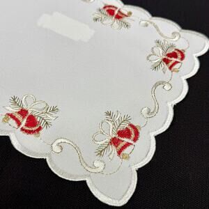 German Embroidered Christmas Bells Table Mat Doily 7x11 Metallic Gold Thread